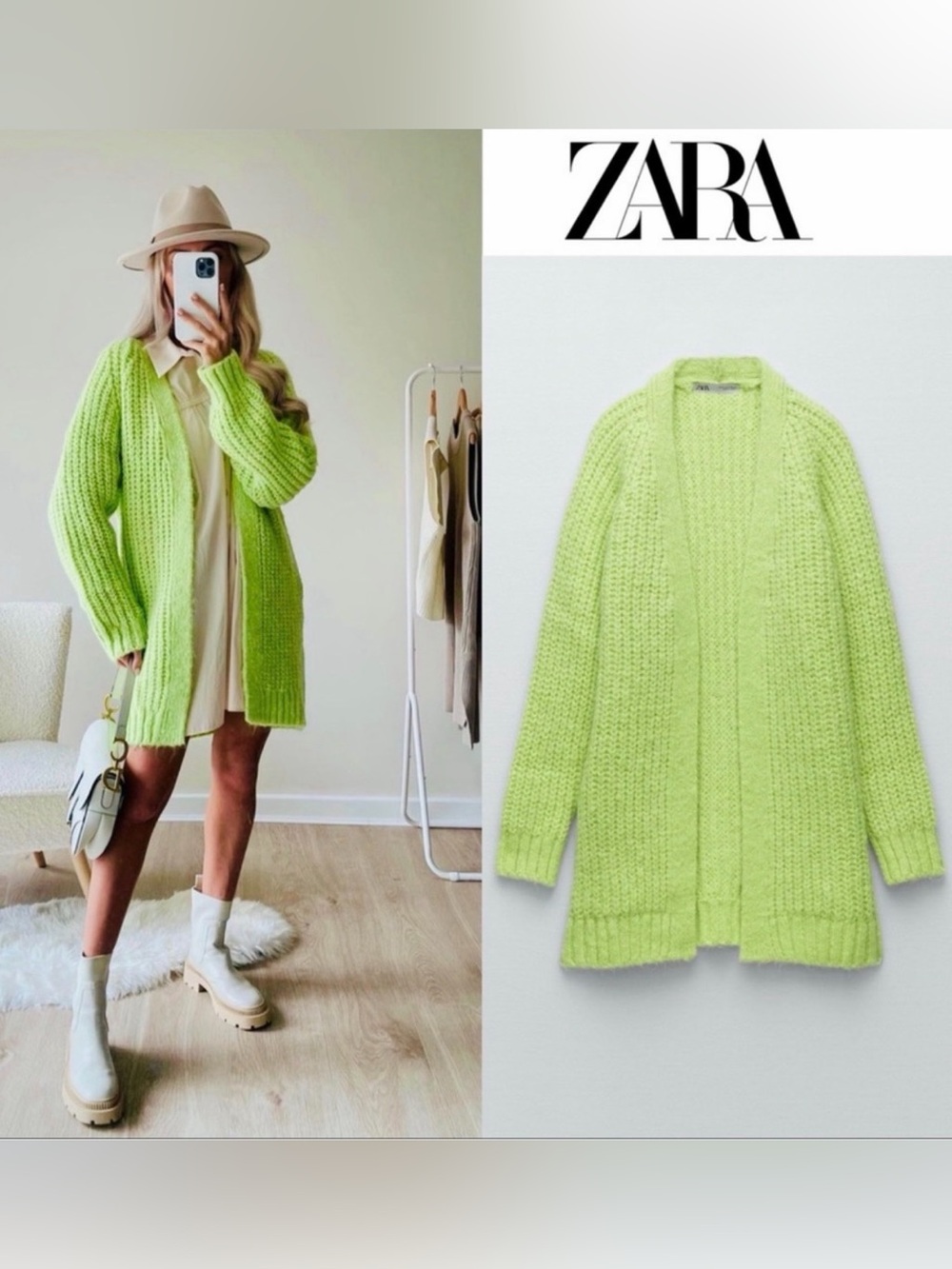 Zara Knit Lime Green Chunky Open Front Cardigan Sweater Womens S Soft Touch Wool